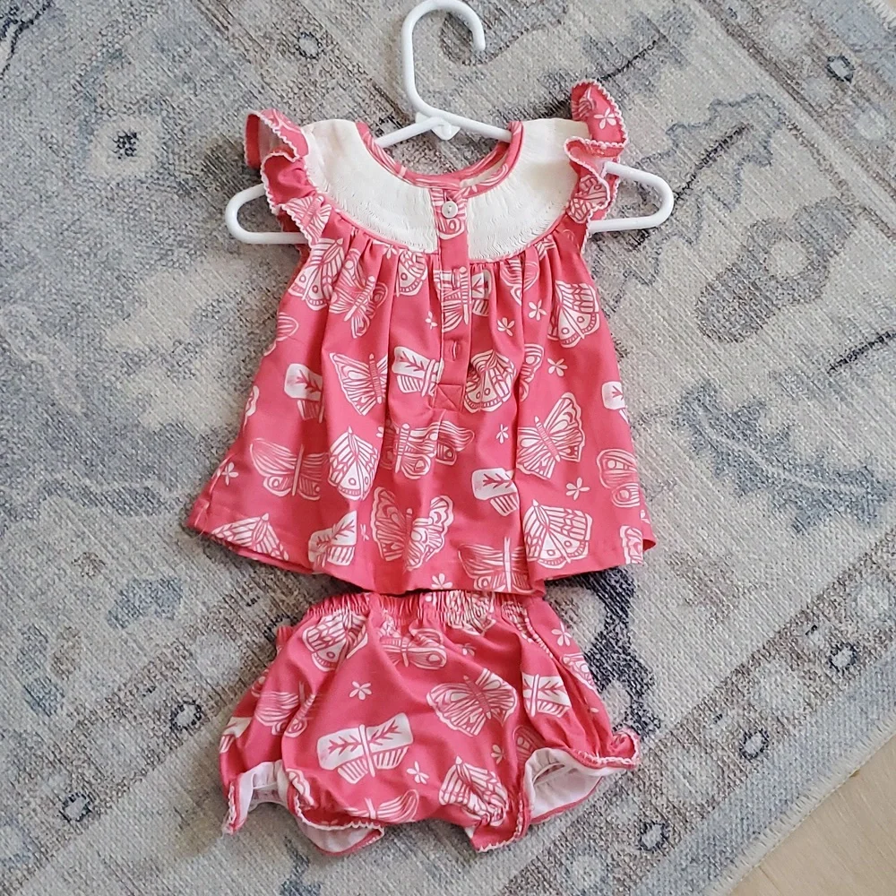 Poppy Kids Co Baby Girls Pink Smocked Embroidered Butterfly Outfit Sz6m
